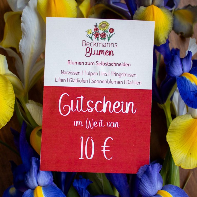 Ein Gutschein von Beckmanns Blumen im Wert von 10€. Ein Gutschein von Beckmanns Blumen im Wert von 10€ vor einem Hintergrund aus weißen und blauen Iris.